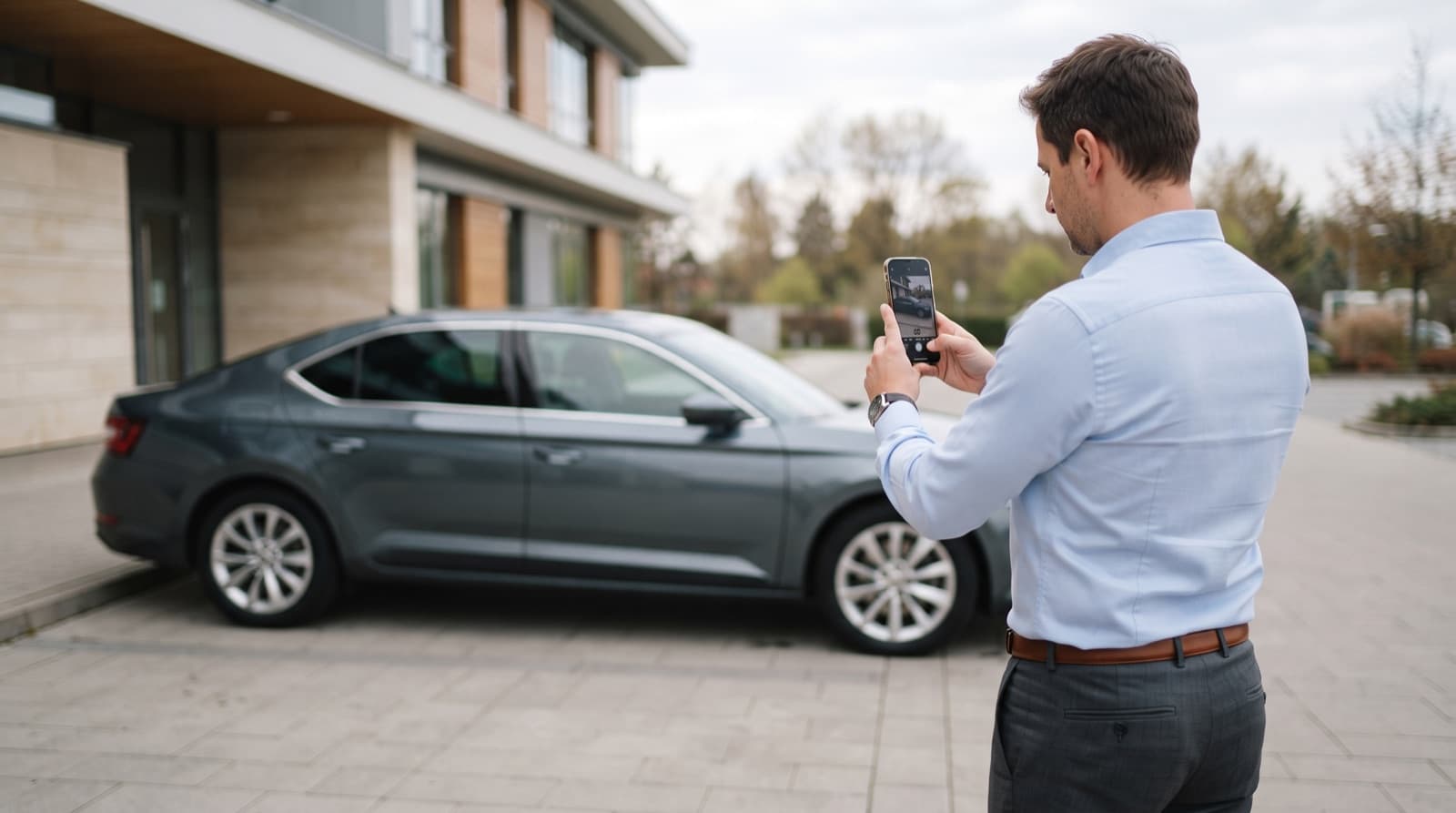 Muž fotí svoje auto mobilom, na displeji telefónu vidno celé vozidlo