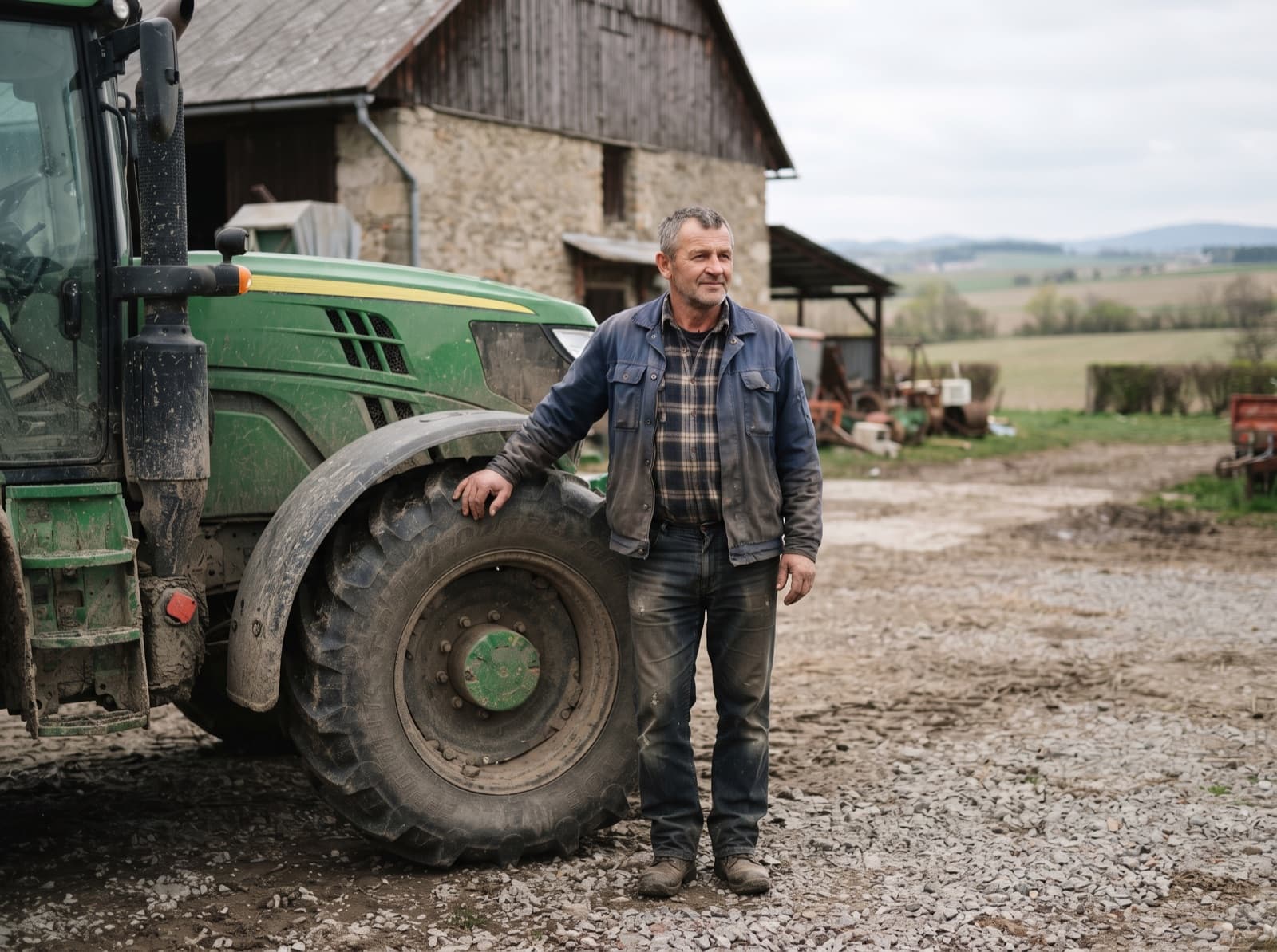 Farmár stojí pri svojom traktore na dvore hospodárstva